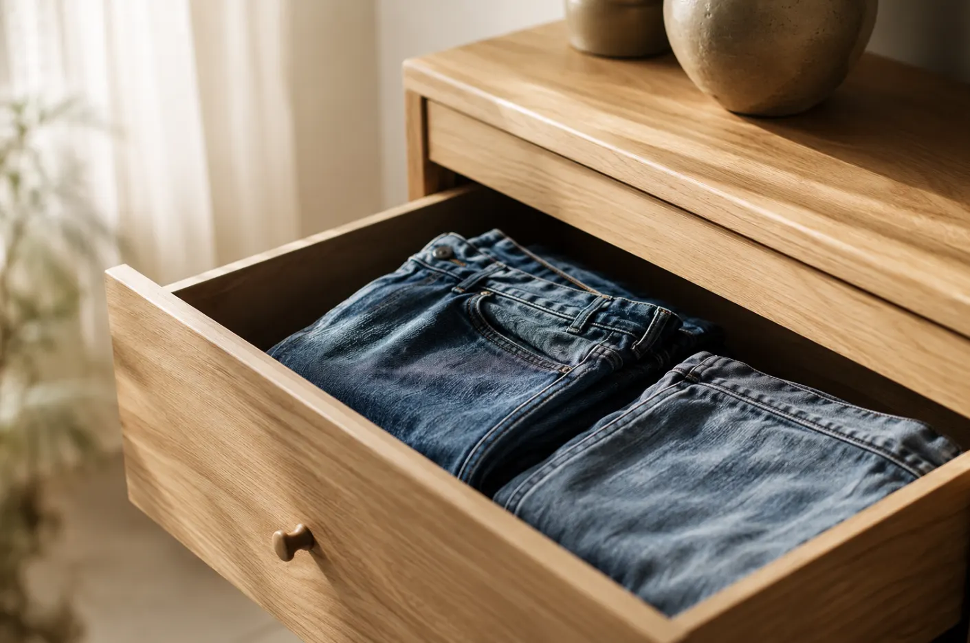 Abnehmen ohne Diät: alte Jeans liegt zusammengefaltet in einer offenen Kommodenschublade