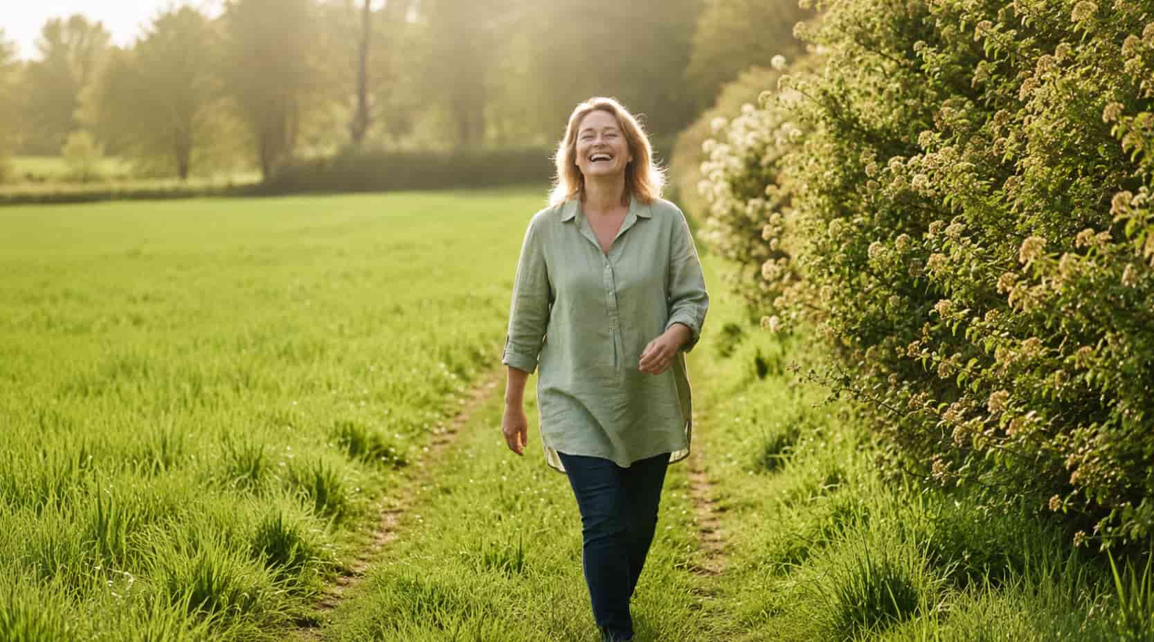 Blog zum Abnehmen ohne Diät: lachende Frau Mitte 40 geht im Frühlingslicht einen Feldweg entlang