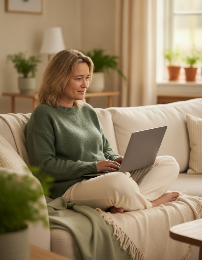 Frau folgt am Laptop einem Online-Kurs für Abnehmen ohne Diät