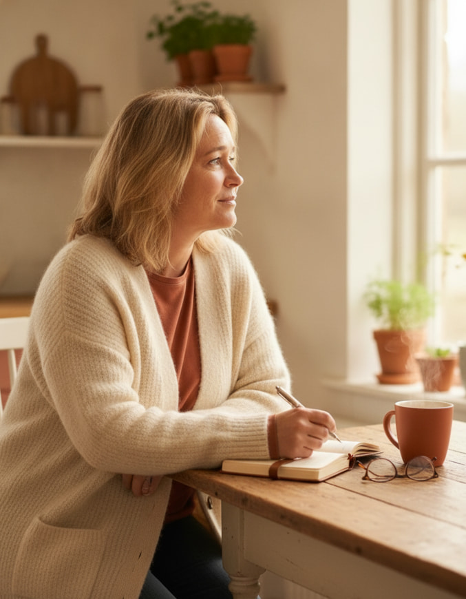 Frau schreibt bei einer Tasse Tee in ihr Tagebuch, ihr Wendepunkt beim Abnehmen ohne Diät