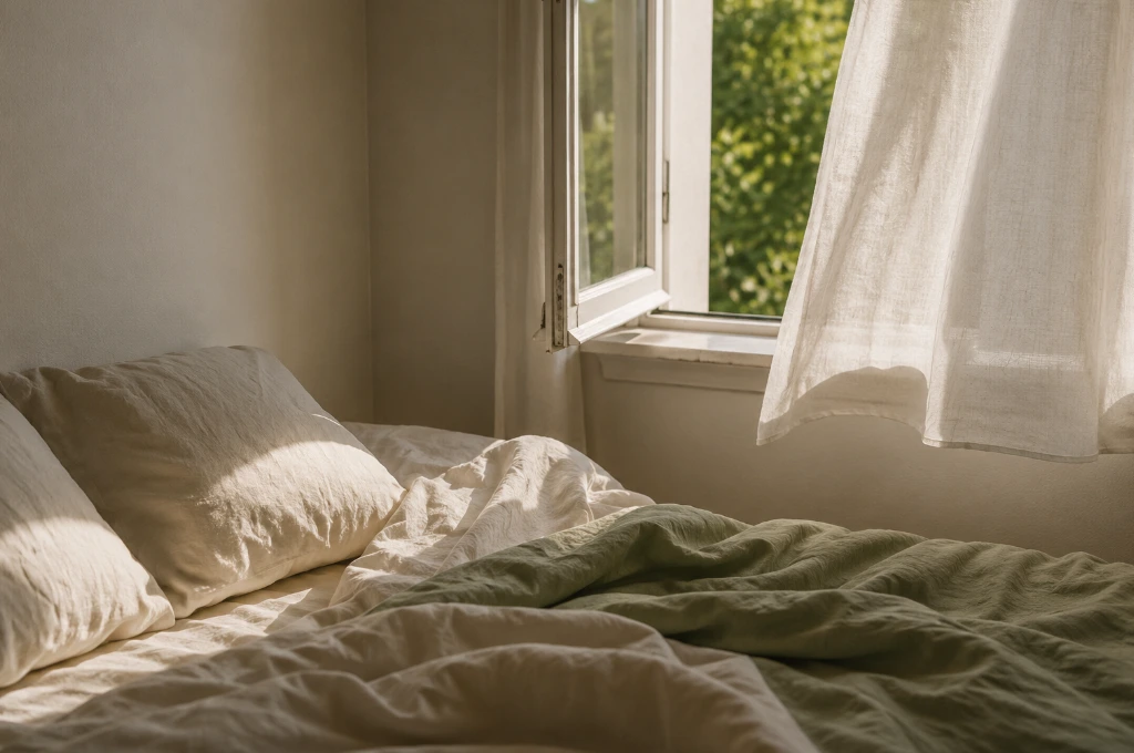 Abnehmen in den Wechseljahren ohne Diät: zerwühltes Bett im Morgenlicht am offenen Fenster
