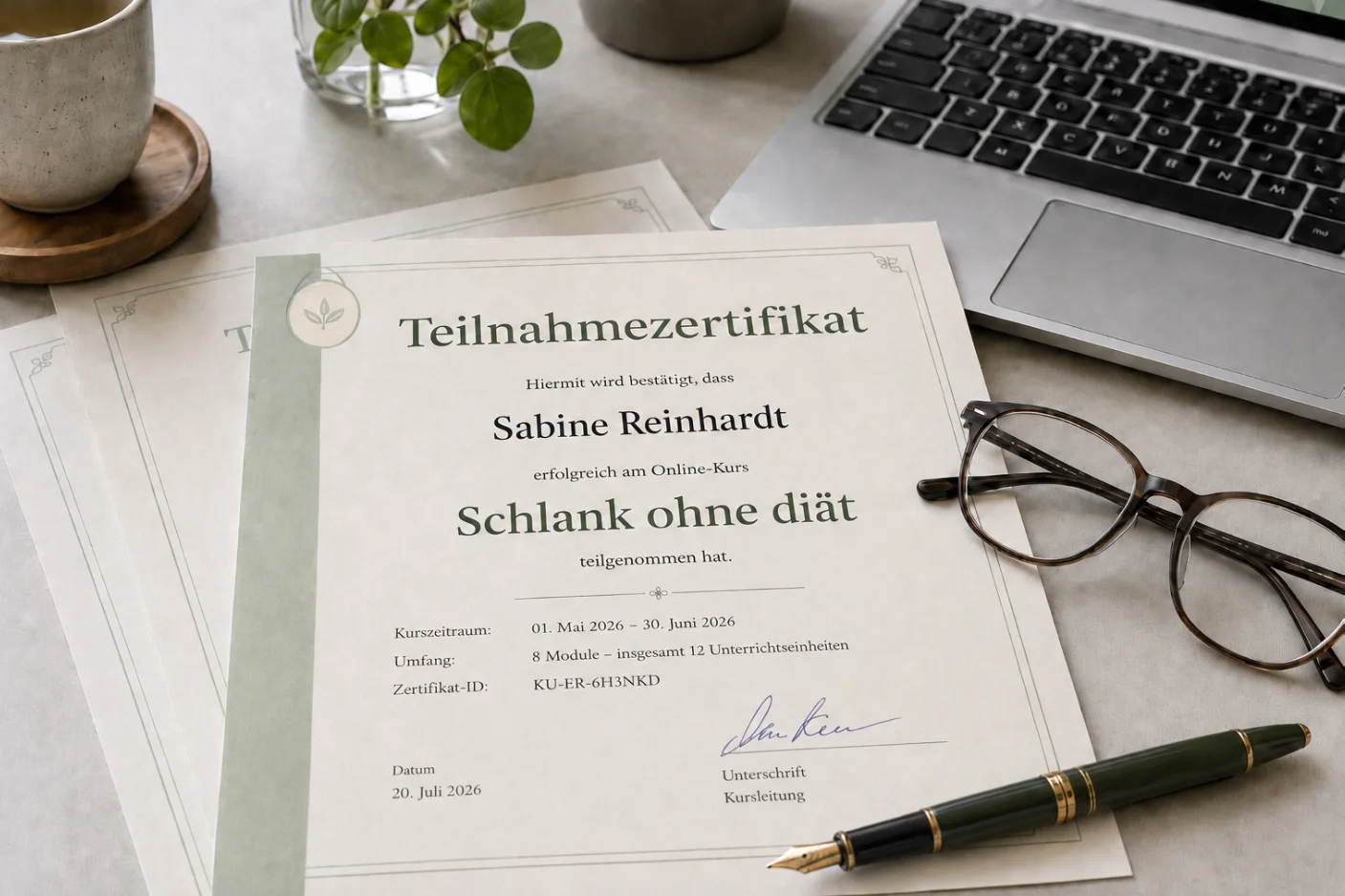 Unterlagen und Laptop zur Prüfung der Zertifizierung beim Abnehmkurs auf Krankenkasse
