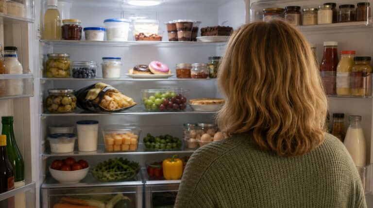 Emotionales Essen stoppen: Sabine steht vor dem geöffneten, vollen Kühlschrank und sucht nach etwas