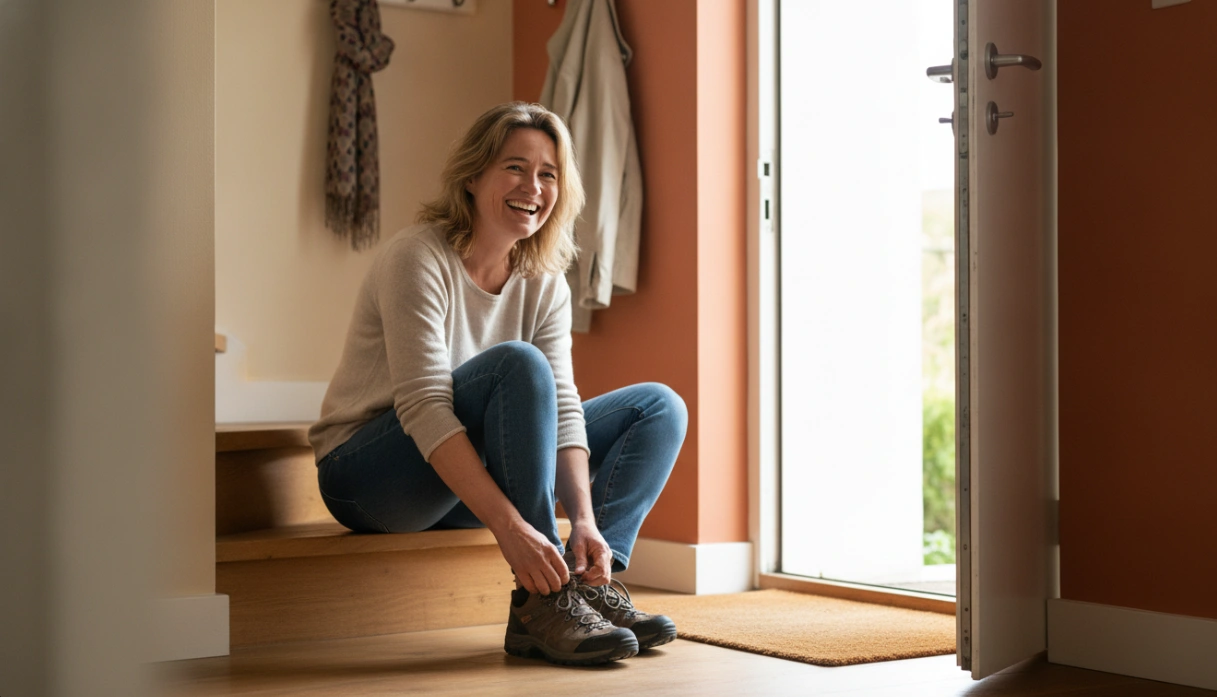 Frau schnürt im Hausflur ihre Schuhe für einen Spaziergang
