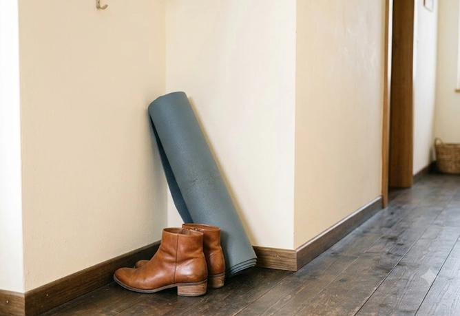 Schlank ohne Diät Kosten: zusammengerollte Yogamatte und Alltagsschuhe stehen im Flur