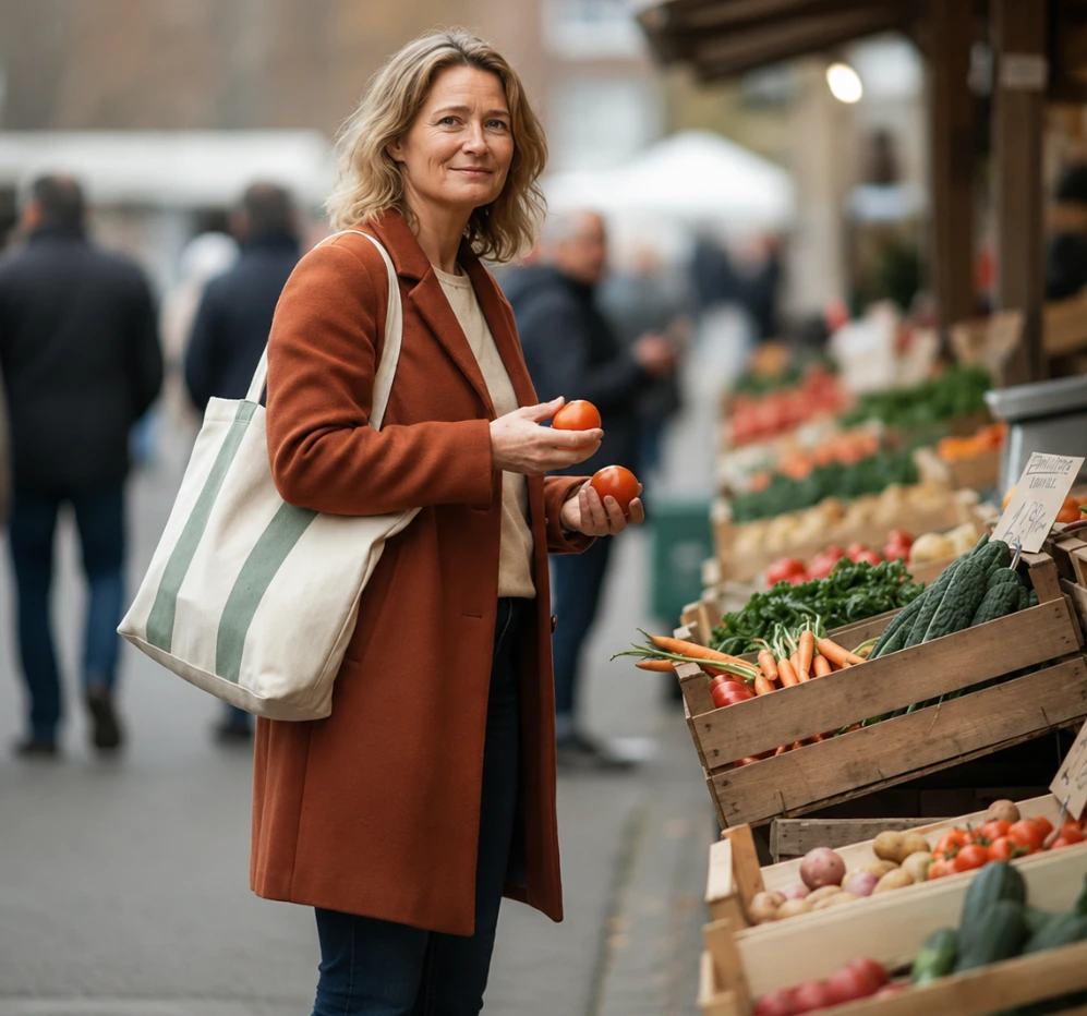 Frau kauft auf dem Wochenmarkt Gemüse ein, wie im Kurs Schlank ohne Diät geübt